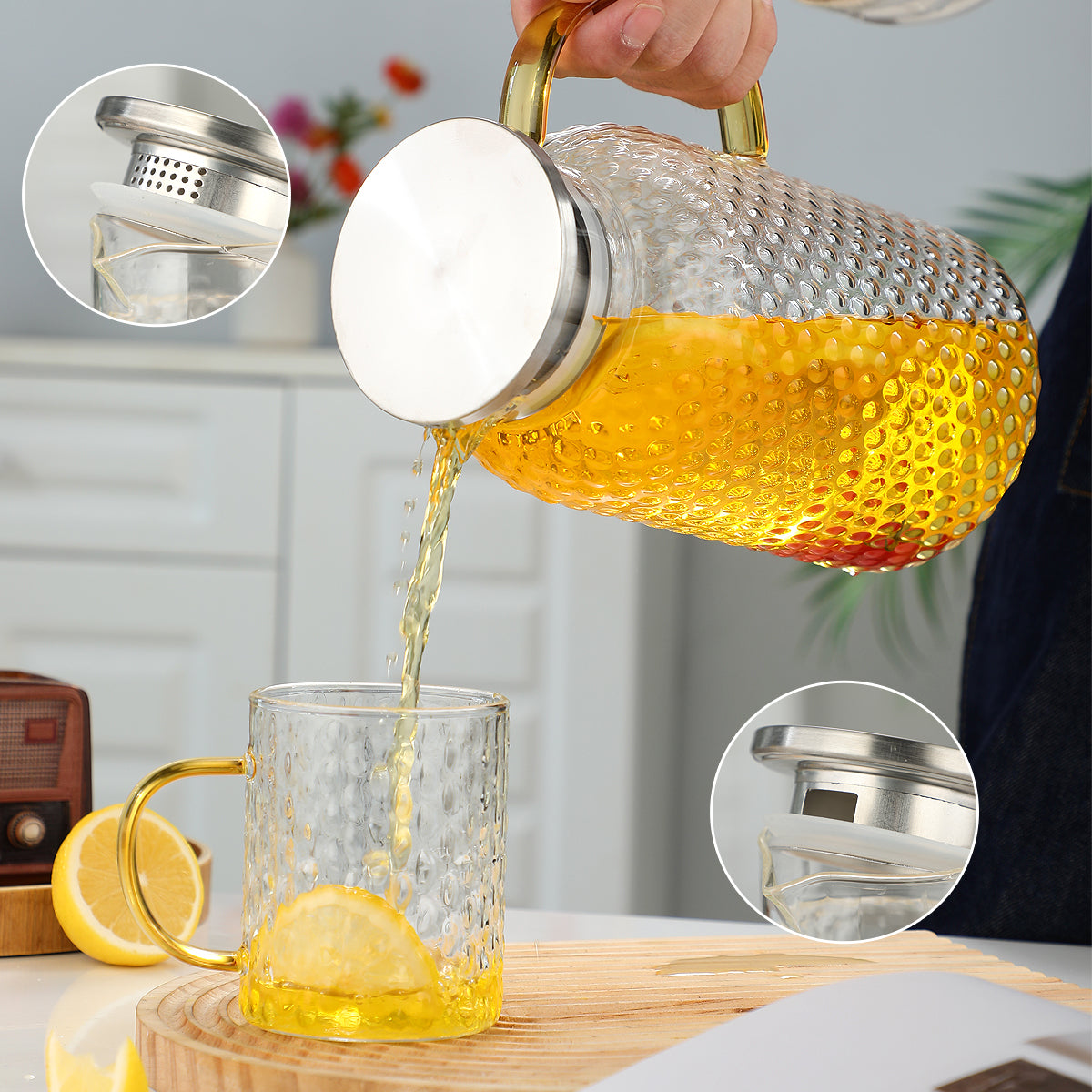 1 Pot with 4 Cups Set Large Capacity Cold Water Kettle Glass Pitcher Water Carafe Lid Leakproof for Home