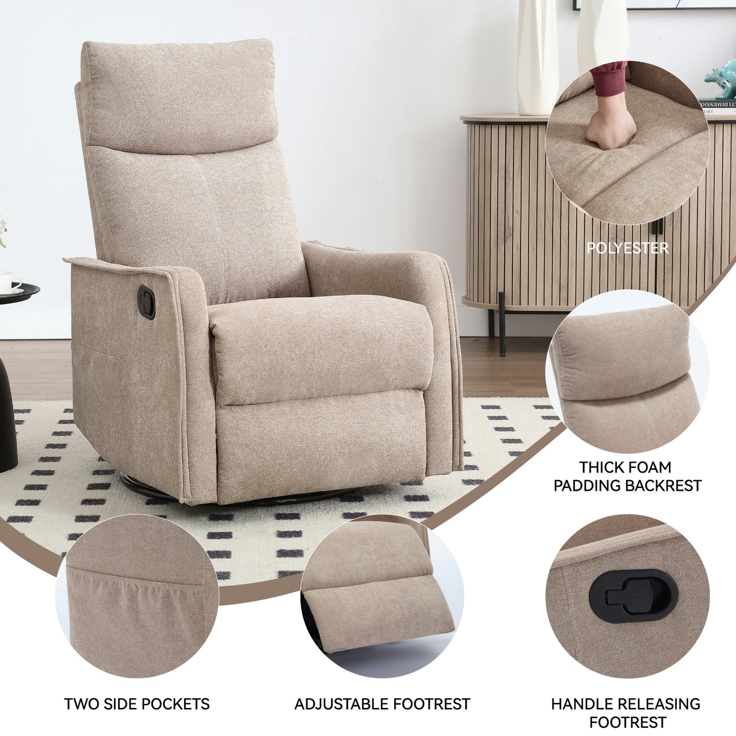 Fabric Manual Recliner Chair with Heat Massage Swivel Rocker Recliner Chair Glider Rocking Chair Single Sofa Chair
