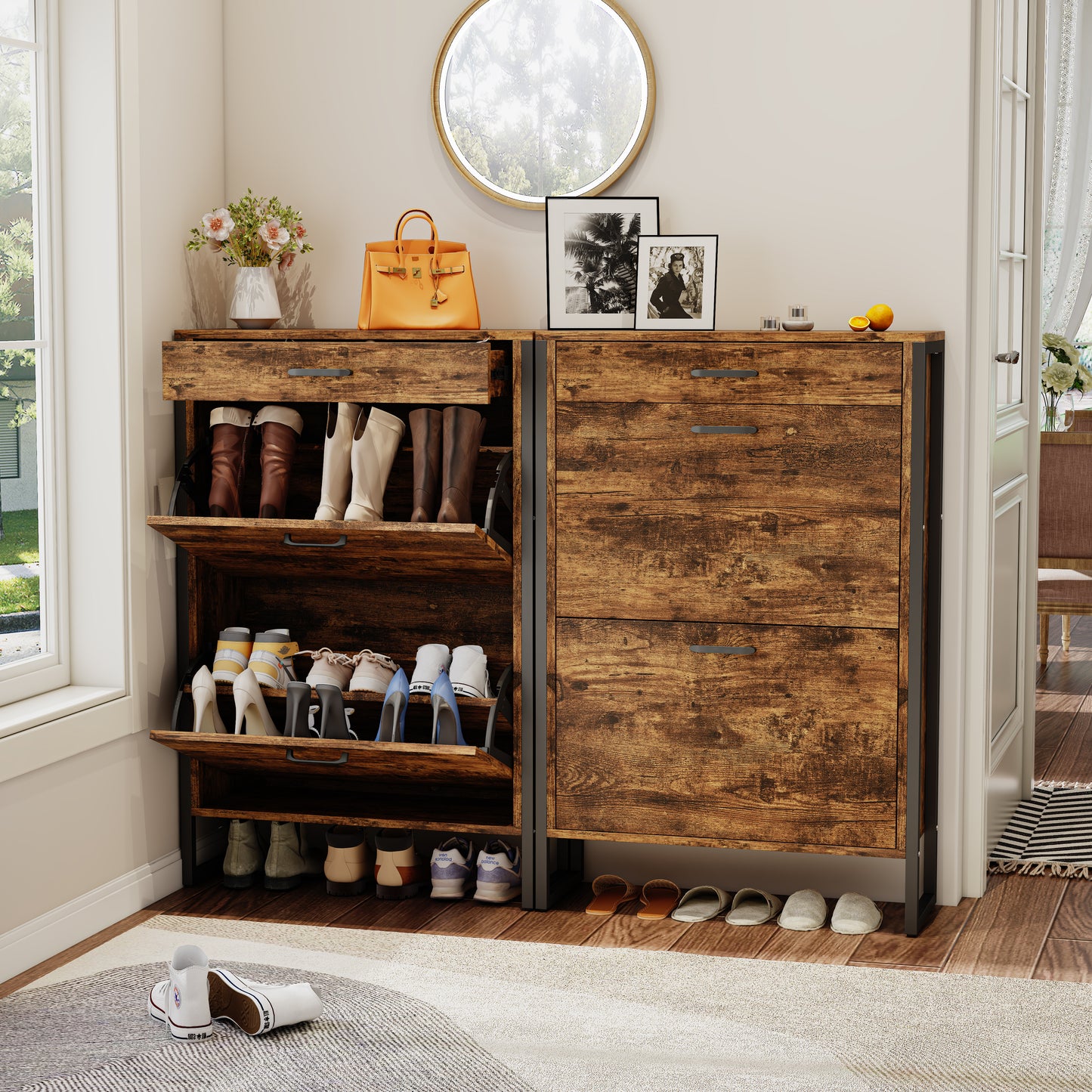 2-Tier Flip Shoe Storage Cabinet with Drawer, Hidden Storage Organizer for Entryway, Hallway, or Behind the Door Organizer