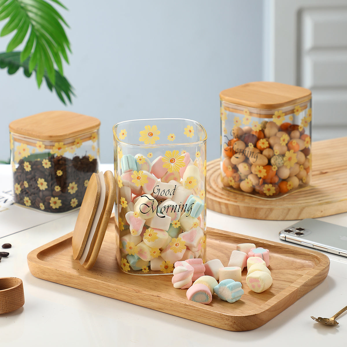 3 Pieces Kitchen Clear Glass Food Storage Container Jar with Sealing Lid Airtight Food Storage Containers for Coffee Beans, Flour