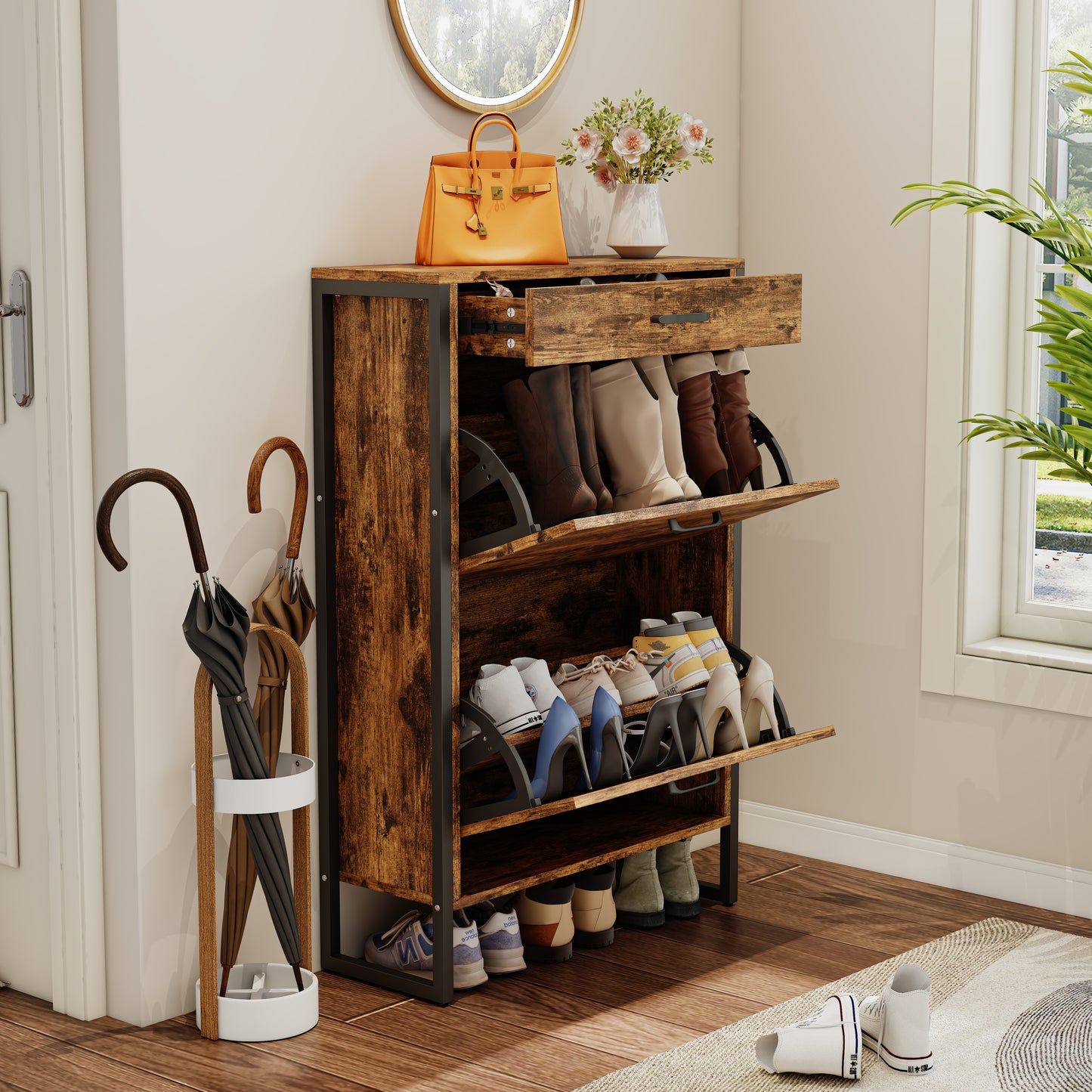 2-Tier Flip Shoe Storage Cabinet with Drawer, Hidden Storage Organizer for Entryway, Hallway, or Behind the Door Organizer