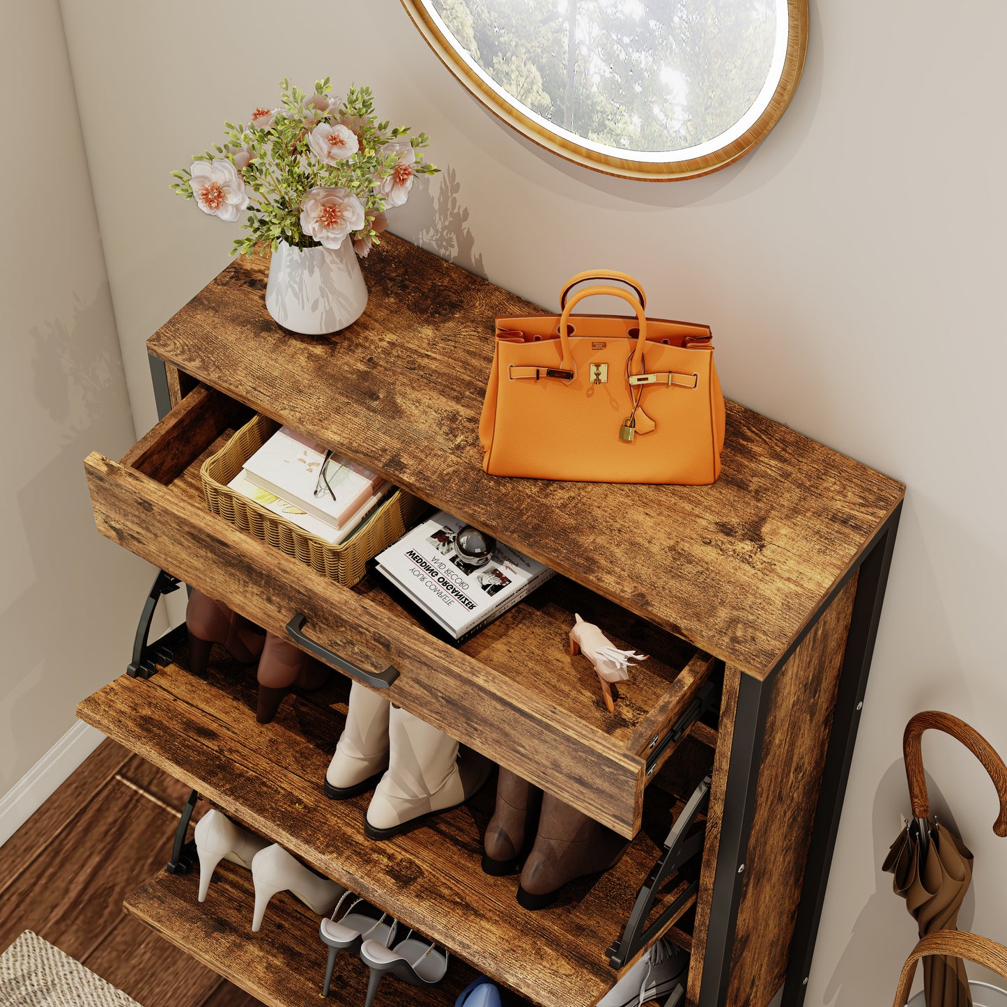 2-Tier Flip Shoe Storage Cabinet with Drawer, Hidden Storage Organizer for Entryway, Hallway, or Behind the Door Organizer
