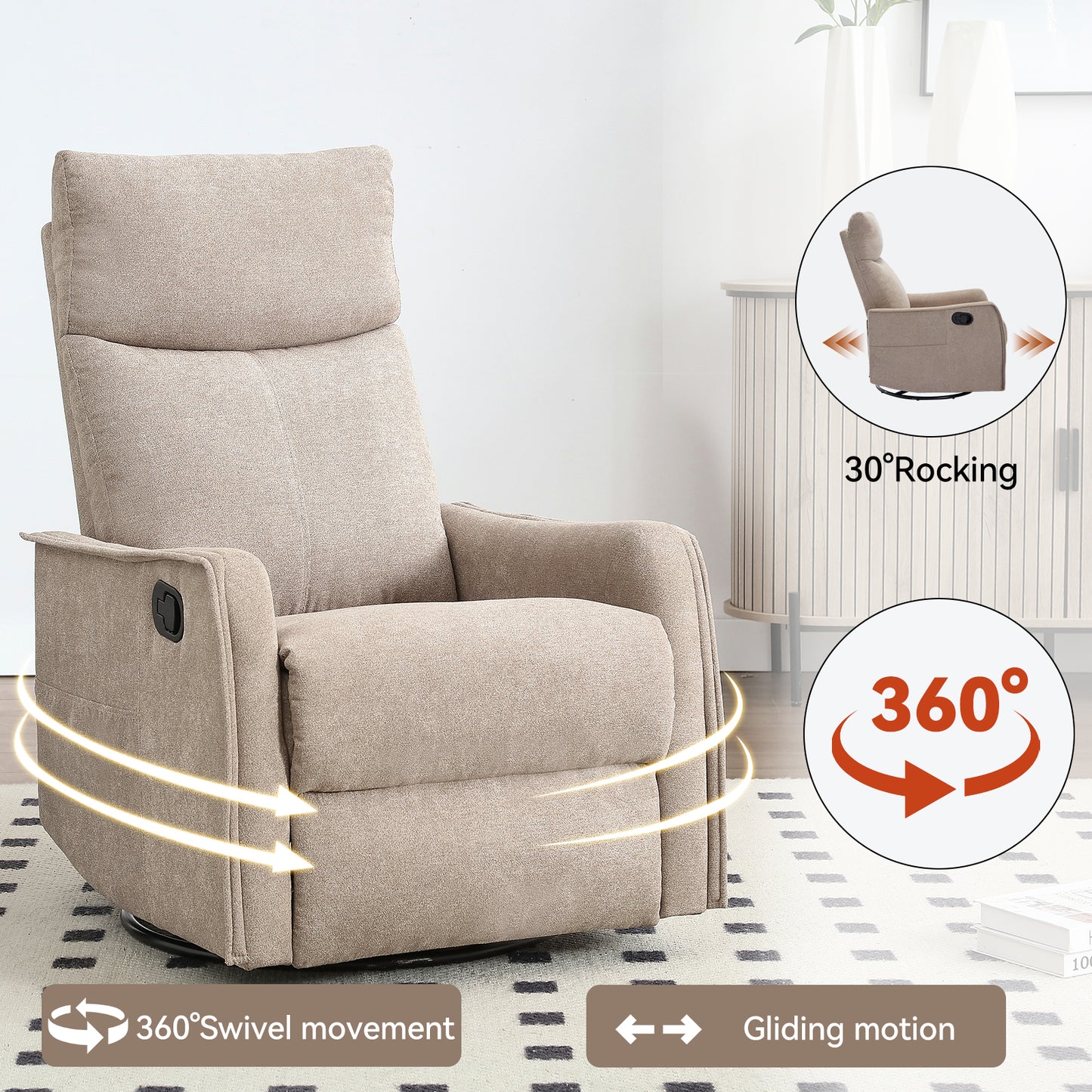 Fabric Manual Recliner Chair with Heat Massage Swivel Rocker Recliner Chair Glider Rocking Chair Single Sofa Chair