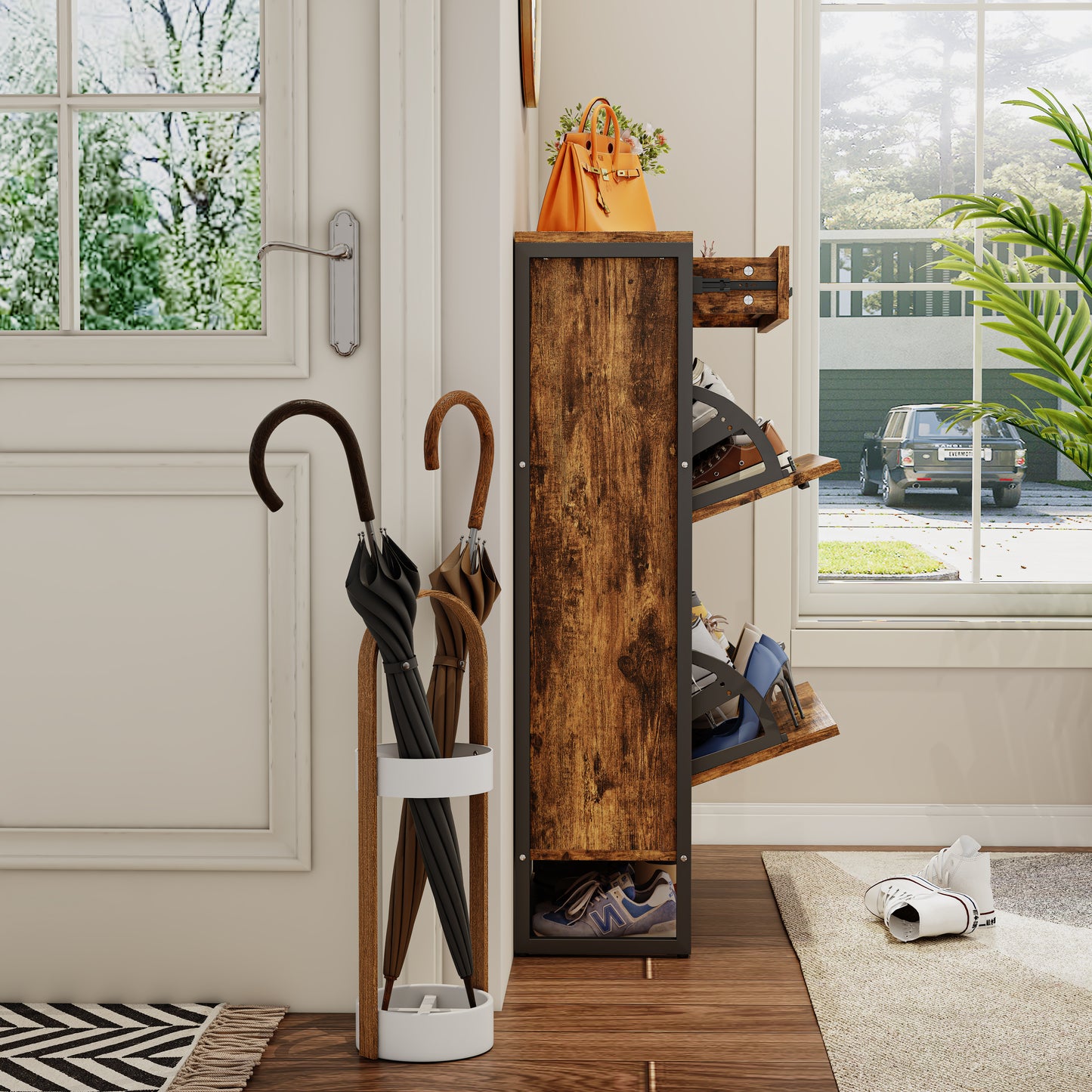 2-Tier Flip Shoe Storage Cabinet with Drawer, Hidden Storage Organizer for Entryway, Hallway, or Behind the Door Organizer