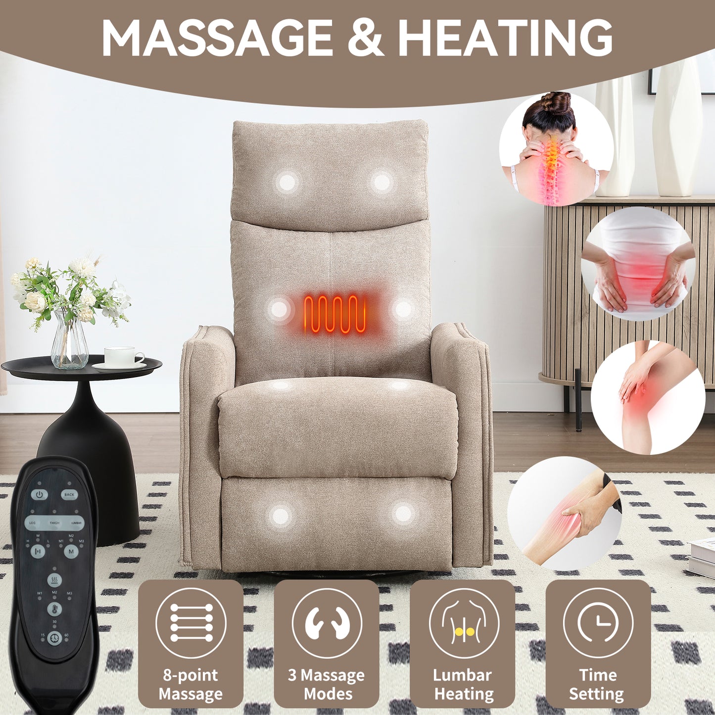 Fabric Manual Recliner Chair with Heat Massage Swivel Rocker Recliner Chair Glider Rocking Chair Single Sofa Chair