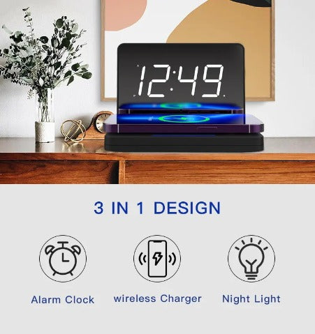 Hot Digital Alarm Clock Large Display 1.4Inch Led Mirror Electronic Clocks For Phone Wireless Charging Table Clock Mirror