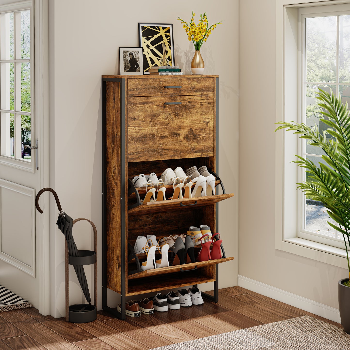 3-Tier Flip Shoe Storage Cabinet with Drawer, Hidden Storage Organizer for Entryway, Hallway, or Behind the Door Organizer