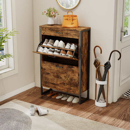2-Tier Flip Shoe Storage Cabinet with Drawer, Hidden Storage Organizer for Entryway, Hallway, or Behind the Door Organizer