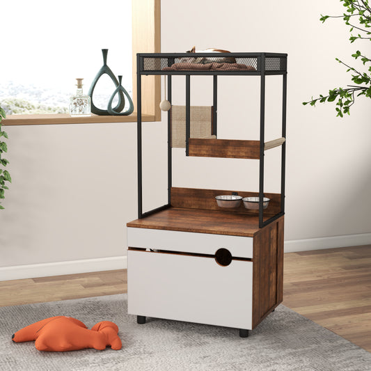 Runesay Brown Hidden Cat Litter Box Enclosures Cat Tree Tower Cat Furniture Large Storage Space Scratching Posts and Trees