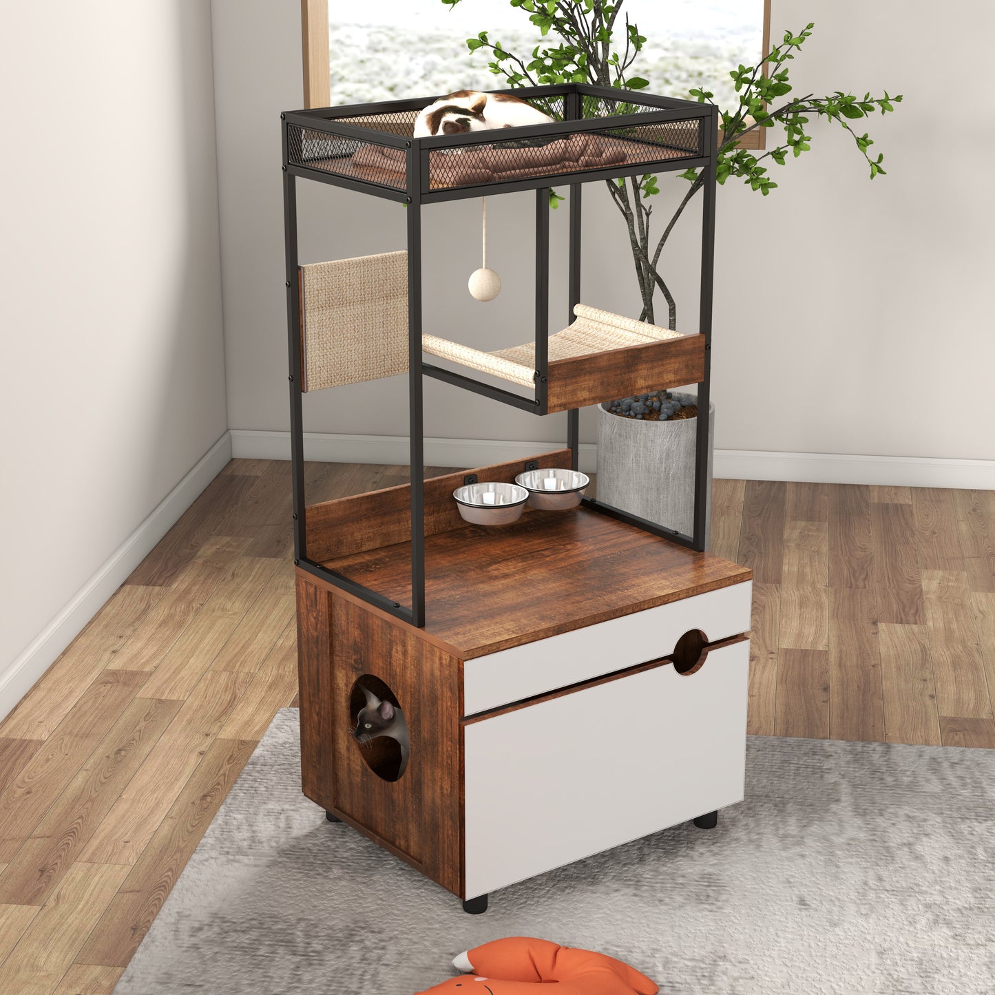 Runesay Brown Hidden Cat Litter Box Enclosures Cat Tree Tower Cat Furniture Large Storage Space Scratching Posts and Trees
