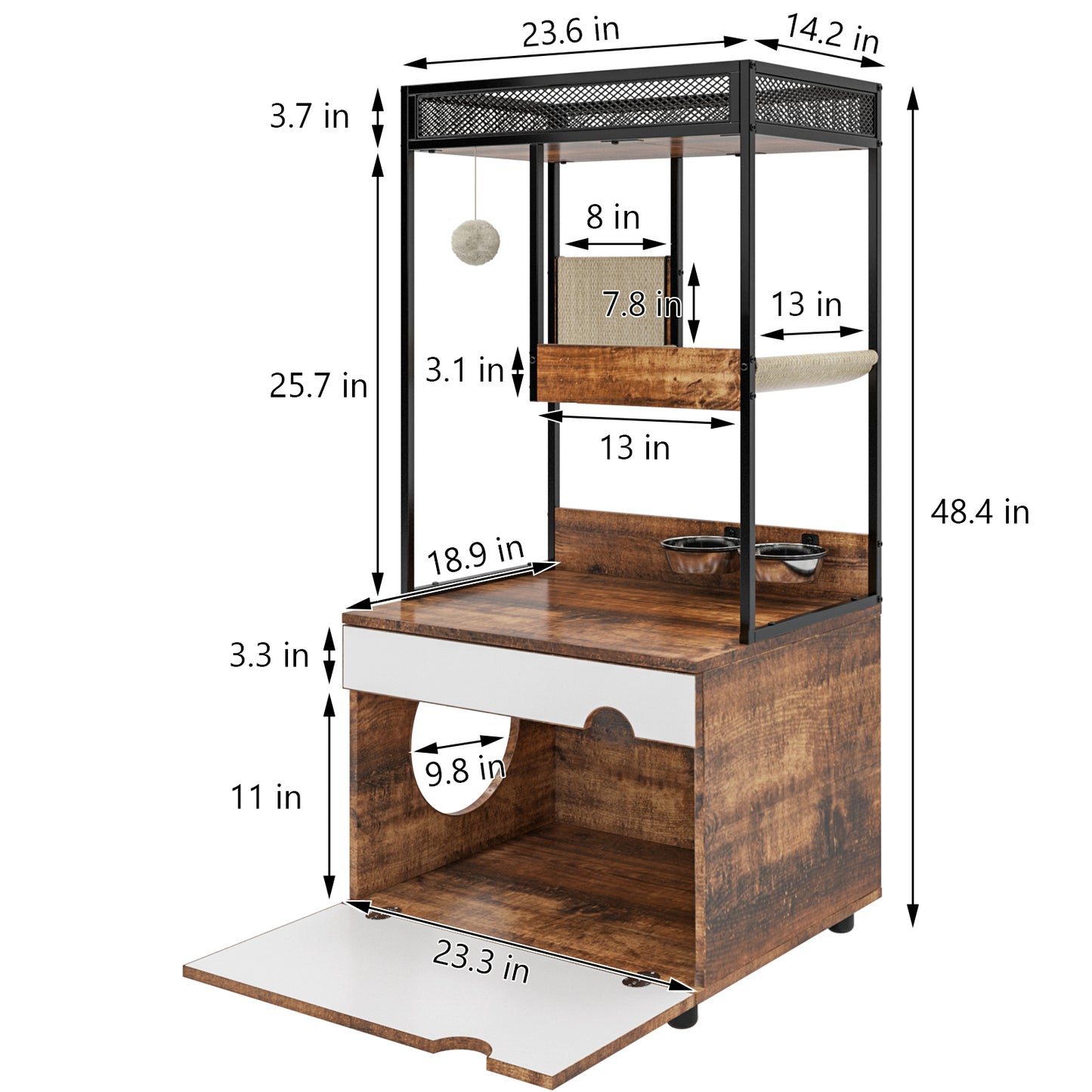 Runesay Brown Hidden Cat Litter Box Enclosures Cat Tree Tower Cat Furniture Large Storage Space Scratching Posts and Trees