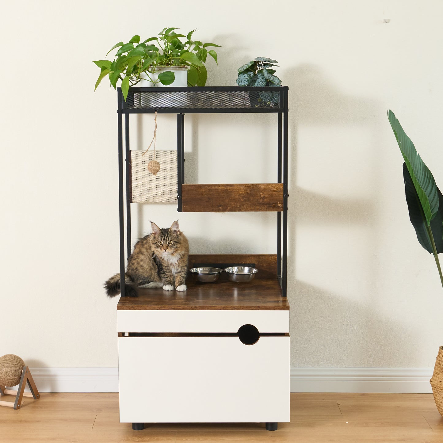 Runesay Brown Hidden Cat Litter Box Enclosures Cat Tree Tower Cat Furniture Large Storage Space Scratching Posts and Trees