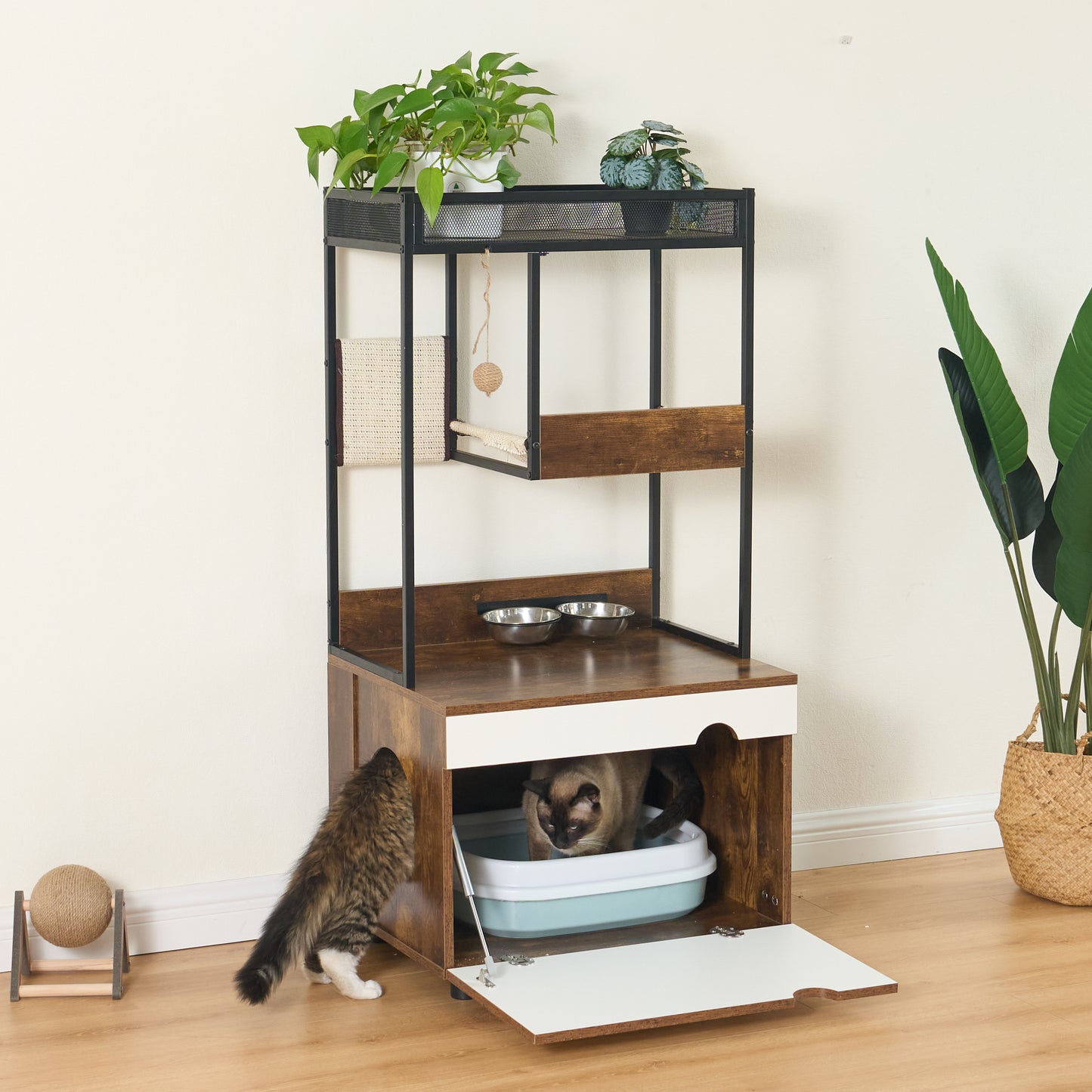 Runesay Brown Hidden Cat Litter Box Enclosures Cat Tree Tower Cat Furniture Large Storage Space Scratching Posts and Trees
