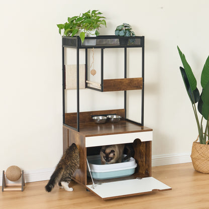 Runesay Brown Hidden Cat Litter Box Enclosures Cat Tree Tower Cat Furniture Large Storage Space Scratching Posts and Trees