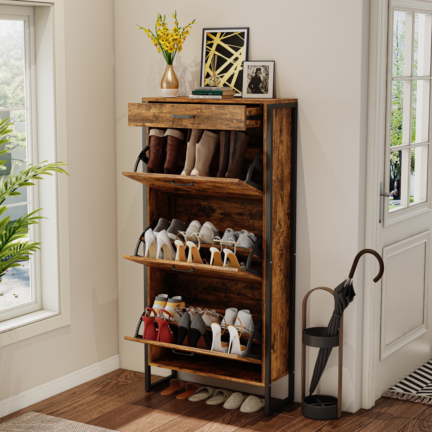 3-Tier Flip Shoe Storage Cabinet with Drawer, Hidden Storage Organizer for Entryway, Hallway, or Behind the Door Organizer