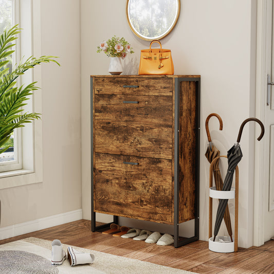 2-Tier Flip Shoe Storage Cabinet with Drawer, Hidden Storage Organizer for Entryway, Hallway, or Behind the Door Organizer