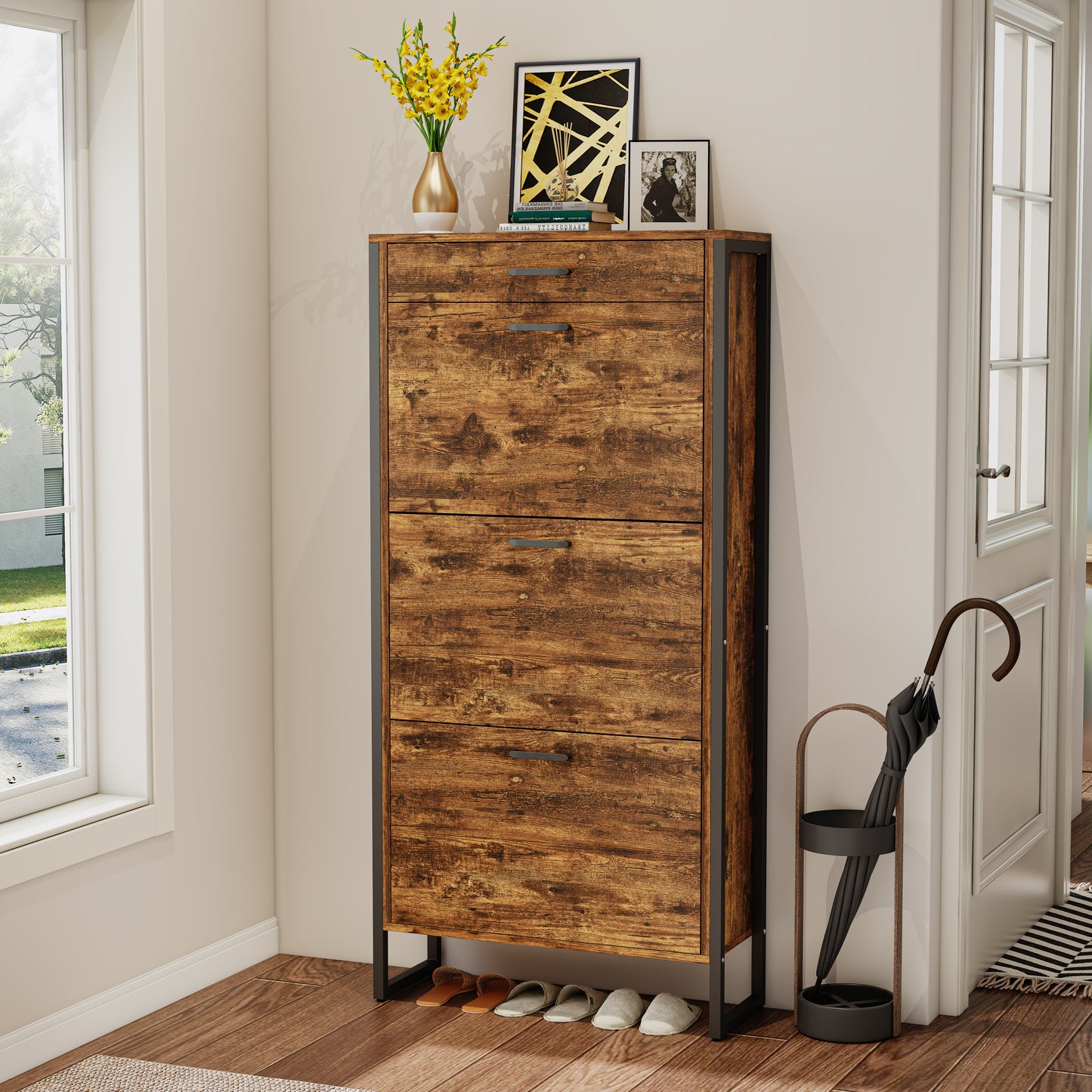 3-Tier Flip Shoe Storage Cabinet with Drawer, Hidden Storage Organizer for Entryway, Hallway, or Behind the Door Organizer
