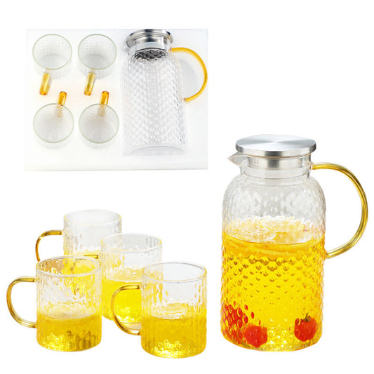 1 Pot with 4 Cups Set Large Capacity Cold Water Kettle Glass Pitcher Water Carafe Lid Leakproof for Home